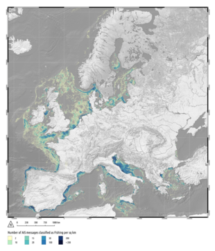 Fishing intensity extracted from Automatic Identification System data of EU trawlers greater than 15 metres in length, in the period October 2014 - September 2015 (see Main Map for full resolution ) EU Trawlers.png