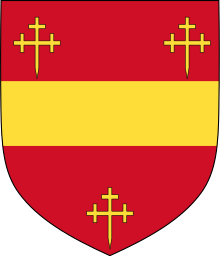 A colored drawing of a red shield divided with a yellow band, above which are two slightly ornate crosses and below which is one
