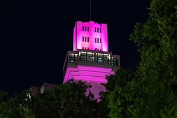 Elevador Lacerda durante a noite, iluminado por luzes cênicas de cor lilás.