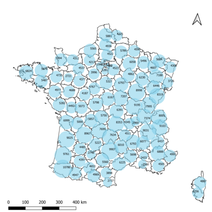 Carte des volumes des précipitations totales par département en France métropolitaine en 2016 (en millions de m3).