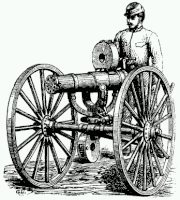 'n Illustrasie van 'n 19de eeuse Gatling-geweer. Dié vroeë masjiengeweer het 'n aantal lope gehad en was handaangedrewe.
