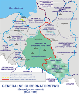 Map of General Government - green; expanded upon Nazi German attack on the Soviet Union - light green. Curzon Line - red. Reichsgau Wartheland - between blue borders of 1939 western Poland, and green General Government. Generalne gubernatorstwo 1945.png