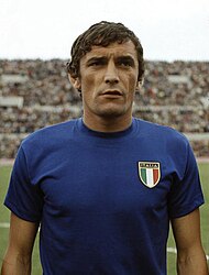 Gigi Riva, with 35 goals in 42 appearances (in all official competitions) between 1965 and 1974, is Italy's all-time leading goalscorer. Gigi Riva, Italia, 1968 (cropped).JPG
