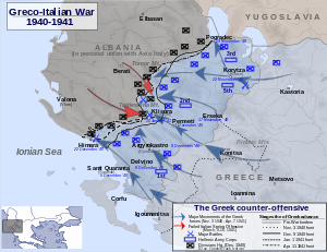 The Greek counteroffensive (13 November 1940-7 April 1941) during the Greco-Italian War Greek Offensive 1940 41 in Northern Epirus.svg