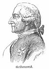 Black and white sketch of a man wearing an 18th-century powdered wig on his head and a Maria Theresa Cross on his coat. He has a large hooked nose.