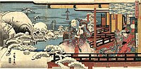 Kijomori Taira (平清盛) sleduje nadpřirozené jevy. Triptych Óban.