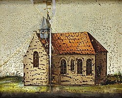 Glas-in-loodraam uit de kerk van Eenum met de beeltenis van de kerk vóór 1701, toen er een toren tegenaan gebouwd werd. Het glas werd in 1915 in bruikleen gegeven aan het Groninger Museum.