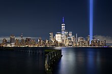 Tribute in Light, featuring two columns of light representing the Twin Towers, September 2020 Lower Manhattan from Jersey City September 2020 HDR.jpg