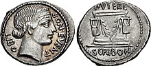 A denarius minted by Lucius Scribonius Libo in 62 BC. The portrayal of Bonus Eventus on the obverse likely commemorates the repression of Catiline's conspiracy. Lucius Scribonius Libo, denarius, 62 BC, RRC 416-1a.jpg