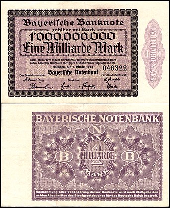 Nota de um bilhão de marcos Notgeld do Banco Central da Baviera (1923) (definição 3 325 × 4 081)