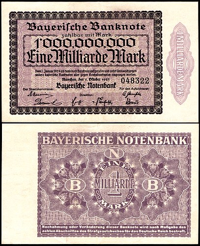 Банкнота-нотгельд в 1 миллиард марок, выпущенная в Баварии в 1923 году