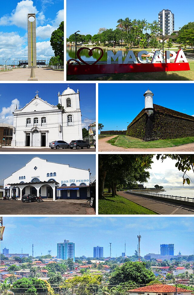 Do topo, em sentido horário: Marco Zero do Equador; Praça Floriano Peixoto; Igreja Matriz de São José de Macapá; Fortaleza de São José de Macapá; Trapiche Eliezer Levy e Mercado Central; Orla de Macapá; vista do centro da cidade.