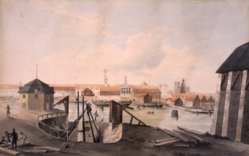 Skeppsvarvet i Karlskrona, akvarellerad tuschteckning, ca 1780. Sjöhistoriska museet.