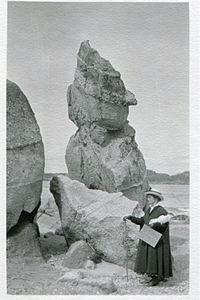 Mary Agnes Yerkes, California Impressionist painter, (1886-1989). "Plein-Air painting at Carmel'', Carmel Beach, CA, circa 1920s. Mary Agnes Yerkes, Painting at Carmel.jpg