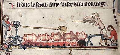 Poulets rôtis à la broche. Romance d'Alexandre, Bruges, 1338-1344 (The Bodleian Library, Oxford, MS 264 fol 170v).