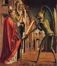 In the 15th-century Saint Wolfgang and the Devil by Michael Pacher, the Devil is green. Poetic contemporaries such as Chaucer also drew connections between the colour green and the devil, leading scholars to draw similar connections in readings of the Green Knight. Michael Pacher 004.jpg