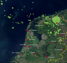 Natural gas concessions in the Netherlands. The Netherlands accounts for more than 25% of all natural gas reserves in the EU. Natural gas NL.png