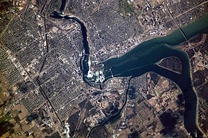 Aerial view of Niagara Falls, showing parts of...