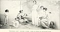 Etching of four women in Ancient Greek attire. One sits weaving at a loom, one is standing with a drop spindle, and one sits watching another paint a jar. Two naked children sit and stand off to the left, measuring out lengths of thread.