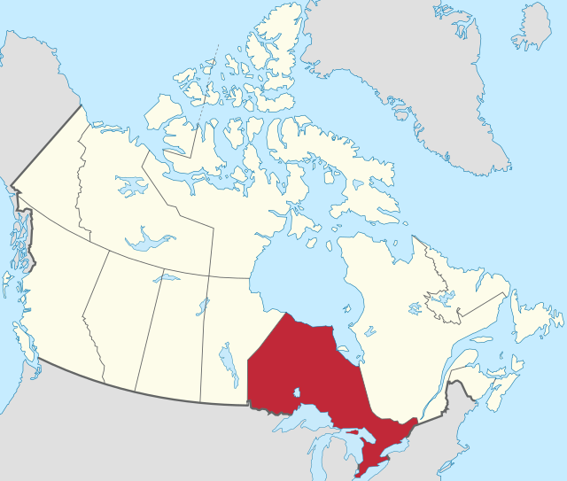 Mapa Kanady s vyznačenou polohou Ontária