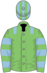 Light green, light blue epaulets, hooped sleeves, striped cap