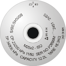 Схема заплечика цилиндра с маркировкой штампа: M25x2 ISO BS5045 / 3 / B / S CP 23200 кПа 11/92 SER NO P2699M LUXUK 2451 3V03 TP 34800 кПа ОБЪЕМ 12,2 Л ТАРЫ 16,3 кг и три даты гидростатических испытаний