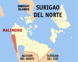 Mapa ng Surigao del Norte na nagpapakita sa lokasyon ng Malimono.