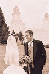 A couple after their marriage in the Manti Utah Temple. The church teaches that marriages, or sealings, performed in their temples may continue after death. Phil and Marlene.jpg