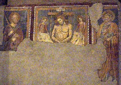 Пьета с апостолами Петром и Павлом. XIV в. Фреска в правом нефе
