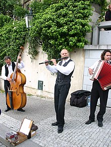 Street musicians in Prague playing a polka Prague Street Musicians (Polka Band).jpg