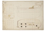 Konstruksjonstegning av en svensk barkasse utstyrt med morter 1776. Tegning: Sjöhistoriska museet