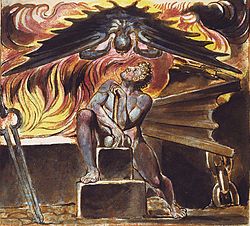 The artist William Blake used the blacksmith as a motif in his own extensive mythology. Here, Los, a protagonist in several of Blake's poems, is tormented at his smithy by the figure Spectre in an illustration Blake's poem Jerusalem. This image comes from Copy E. of that work, printed in 1821 and in the collection of the Yale Center for British Art<ref>{{Cite web