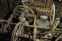 The bells of St Bees Priory in Cumbria shown in the "down" position, in which they are normally left between ringing sessions. St bees bells in down position.JPG