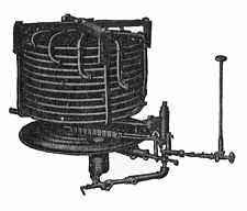 A monotube boiler, a type of steam generator (early 1900s White Motor Company) White steam car steam generator (Rankin Kennedy, Modern Engines, Vol III).jpg