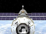 ISS Zvezda service module with docked Progress M1-3 spacecraft. Credit: NASA.{{free media}}
