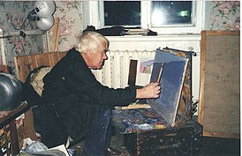 Каменский в своей мастерской на Плющихе, Москва, 2001