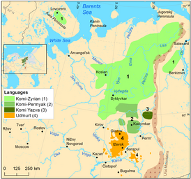 Географическое распространение коми и удмуртского языков на начало ХХ века