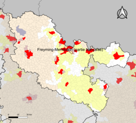 Localisation de l'aire d'attraction de Freyming-Merlebach (partie française) dans le département de la Moselle.