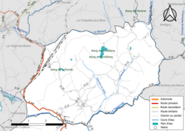 Carte en couleur présentant le réseau hydrographique de la commune