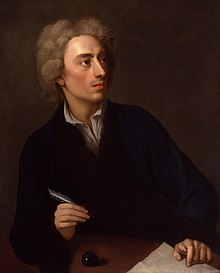 An interior scene of a man of indeterminate age in front of a non-descript grey wall. He wears a shortish grey wig, a black jacket over a white shirt, hold a pen in his right hand, and looks askance to his left (the viewer's right). A paper lies on a desk under his left hand, with an inkwell to his right (the viewers left).