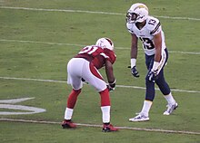 Allen (right) against Antonio Cromartie (left) in 2014. Antonio Cromartie, Keenan Allen 2014.jpg