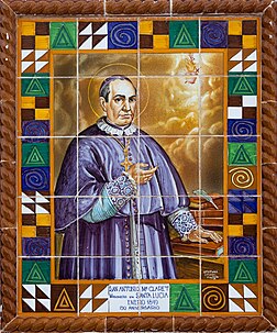 Tableau de carreaux peints commémorant le 150e anniversaire du séjour de saint Antoine-Marie Claret à Santa Lucía de Tirajana, dans les îles Canaries, en janvier 1849. (définition réelle 2 215 × 2 661)