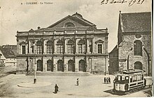 Tramway électrique devant le Théâtre, vers 1920