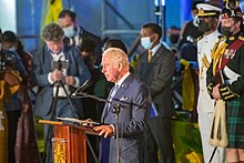 Charles, Prince of Wales delivering a speech in Bridgetown, after Barbados became a republic Barbados Independence Republic Night (51718724758).jpg