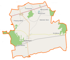 Mapa konturowa gminy Białośliwie, u góry znajduje się punkt z opisem „Parafia Niepokalanego Poczęcia NMP”