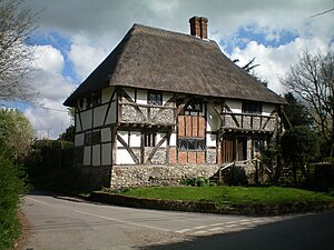 The Yeoman's House, Bignor, Sussex, a three-bay Wealden hall house. Bignor cottage.JPG