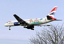 The specially painted Blue Peter British Airways Boeing 757 landing at London Heathrow Airport Blue.peter.ba.b757.london.arp.jpg