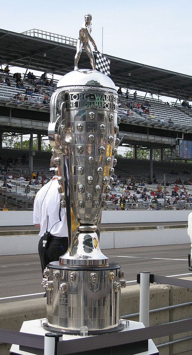 The silver Borg-Warner Trophy on display at the Indianapolis Motor Speedway