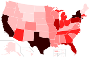 Map of states and territories in the U.S. with number of confirmed deaths (as of April 13, 2020[update])   None confirmed   <100 confirmed   100–500 confirmed   501–1,000 confirmed   1,001–10,000 confirmed   >10,000 confirmed