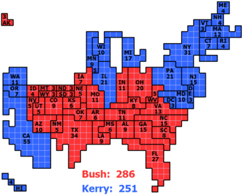 Cartogram representation of the Electoral College for the 2004 election. Each square represents one electoral vote.